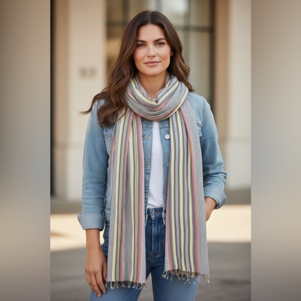 Kate Landry Striped Scarf Multicolor Yellow Red Gray Fringe Viscose 28x70